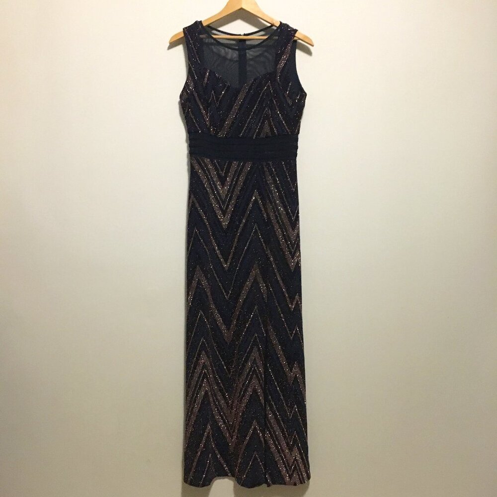 Slinky Sparkly Illusion Neck Side Slit Evening Maxi Dress - Size 8